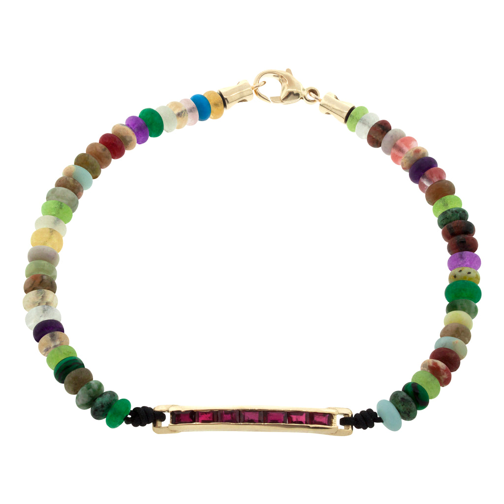 LUIS MORAIS 14K gold medium link ID bar with ruby baguettes on a multi-colored agate gemstone beaded bracelet with 14k yellow gold lobster clasp closure.