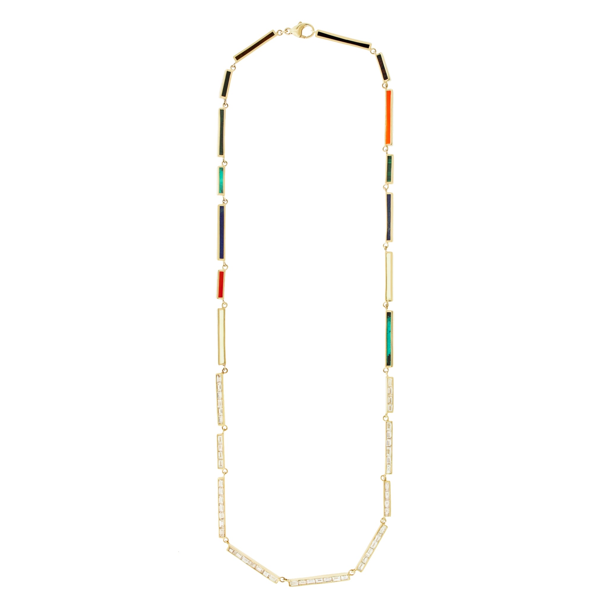 Baguette Diamond and Gemstone Rectangular Gold Bar Link Necklace