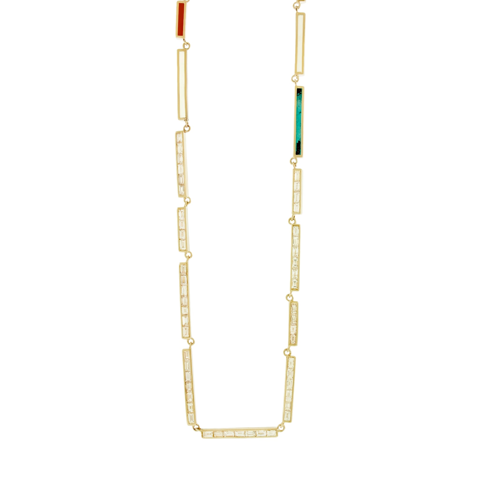 Baguette Diamond and Gemstone Rectangular Gold Bar Link Necklace