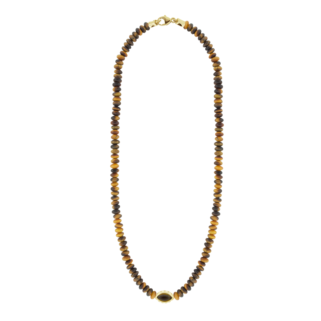 LUIS MORAIS 14k yellow gold large Eye of the Idol bead featuring a marquise Citrine gemstone on a 19 inch Tiger's Eye beaded necklace with lobster clasp closure.&nbsp;