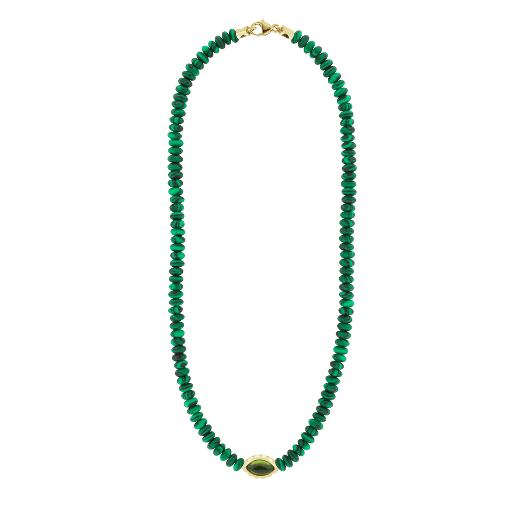 LUIS MORAIS 14k yellow gold large Eye of the Idol bead featuring a marquise Peridot gemstone on a 19 inch Malachite beaded necklace with lobster clasp closure.&nbsp;