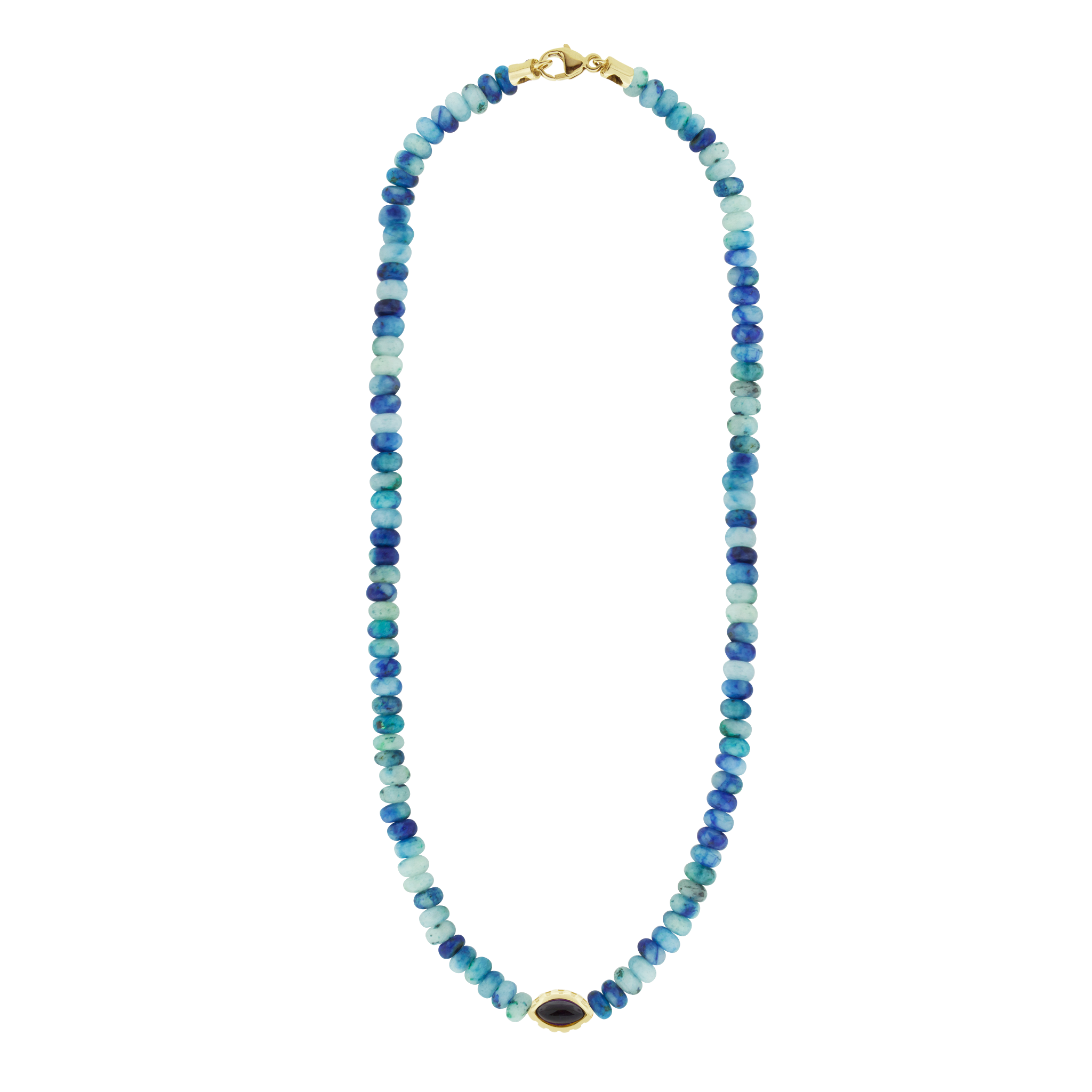 LUIS MORAIS 14k yellow gold large Eye of the Idol bead featuring a marquise Amethyst gemstone on a 19 inch Phoenix Jasper beaded necklace with lobster clasp closure.&nbsp;