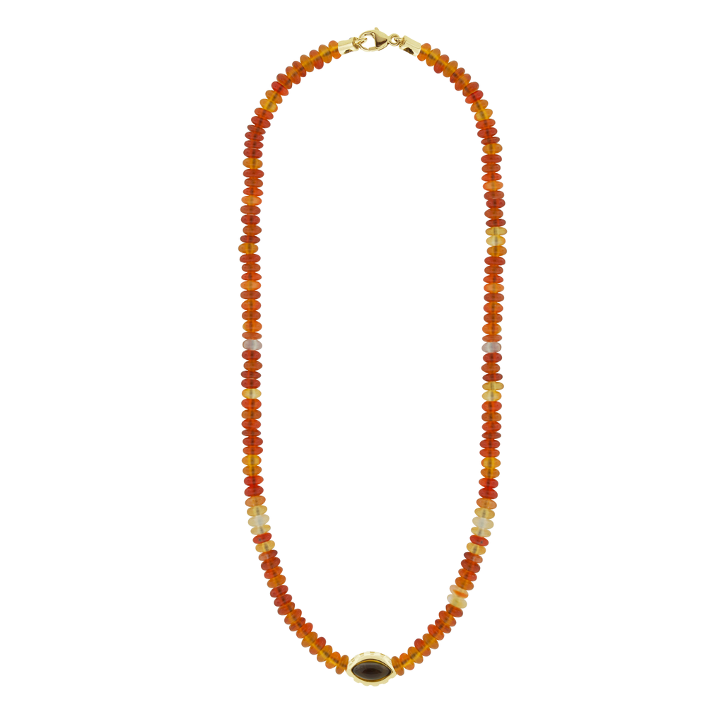 LUIS MORAIS 14k yellow gold large Eye of the Idol bead featuring a marquise Citrine gemstone on a 19 inch Carnelian beaded necklace with lobster clasp closure.&nbsp;