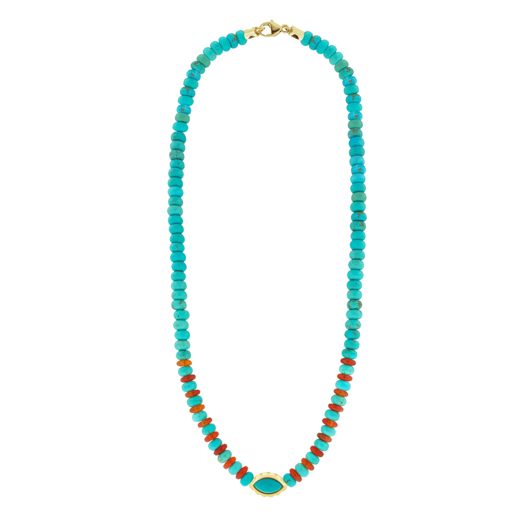 LUIS MORAIS 14k yellow gold extra-large Eye of the Idol bead featuring a marquise Turquoise gemstone on a 19 inch Turquoise and Carnelian beaded necklace.&nbsp;