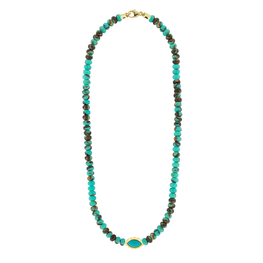 LUIS MORAIS 14k yellow gold extra-large Eye of the Idol bead featuring a marquise Turquoise gemstone on a 19 inch Copper Jasper beaded necklace.&nbsp;
