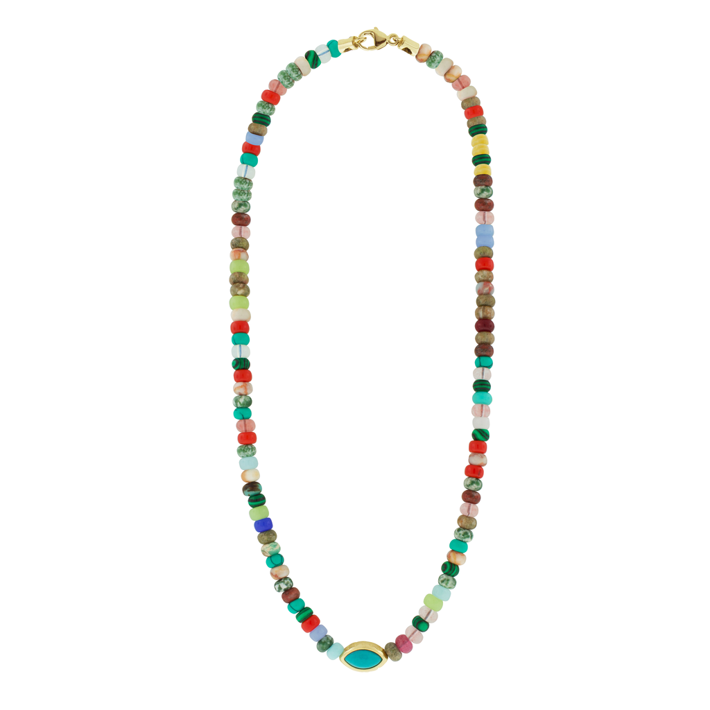 LUIS MORAIS 14k yellow gold extra-large Eye of the Idol bead featuring a marquise Turquoise gemstone on a 19 inch multi-gemstone beaded necklace.&nbsp;