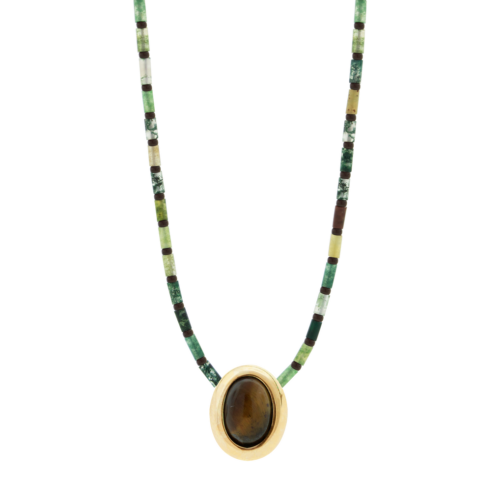 LUIS MORAIS 14k yellow gold oval Eye of the Idol cabochon bead with a Malachite gemstone center on a beaded necklace.&nbsp;