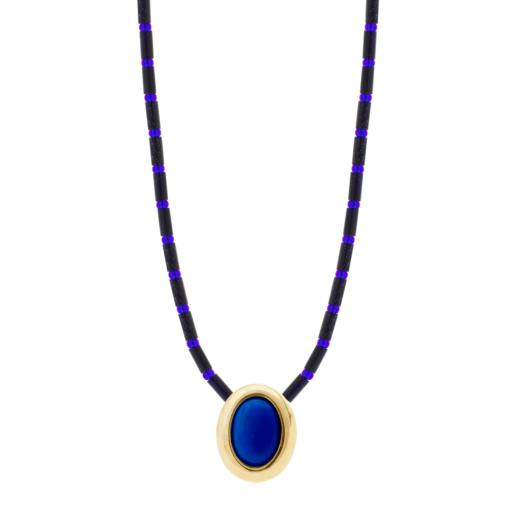 LUIS MORAIS 14k yellow gold oval Eye of the Idol cabochon bead with a gemstone center on a beaded necklace.&nbsp;