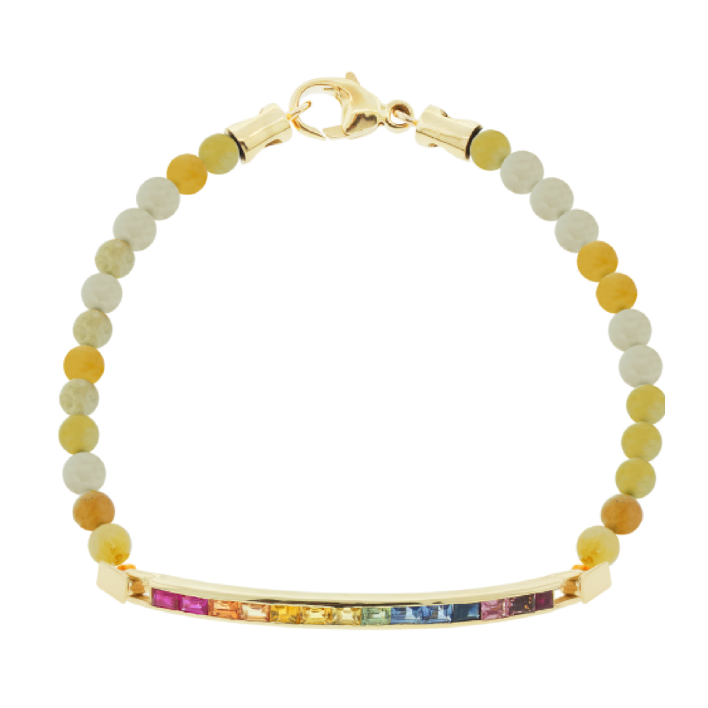 LUIS MORAIS 14K gold large link ID bar with rainbow sapphire baguettes on an Amazonite gemstone beaded bracelet. 14k yellow gold lobster clasp closure.