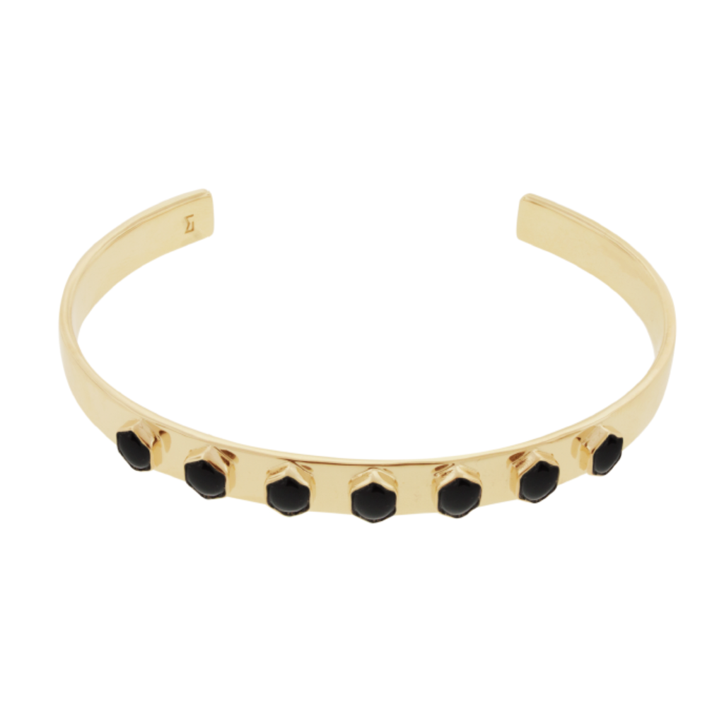 LUIS MORAIS 14K gold Lego cuff inlaid with seven cabochon hexagon Onyx gemstones.  *If you require a size that is not available in the options provided, please indicate your preferred size in the designated text box during checkout.