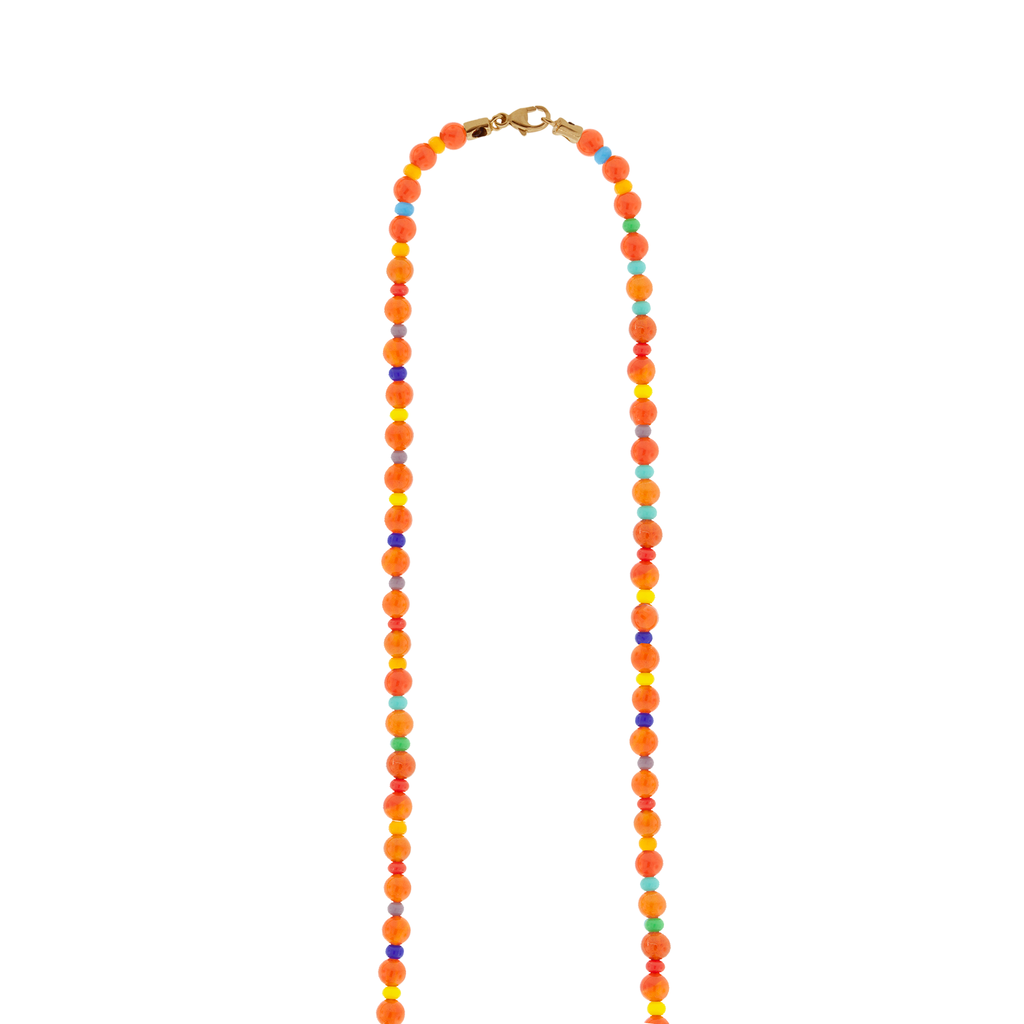 Rainbow Sapphire Baguette ID Bar on Carnelian Beaded Necklace