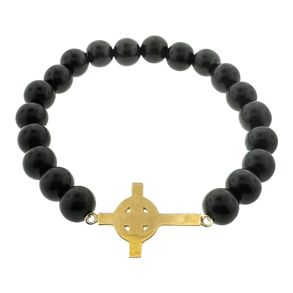 LUIS MORAIS 14k yellow gold large Jeffries cross on an Ebony wood beaded bracelet,