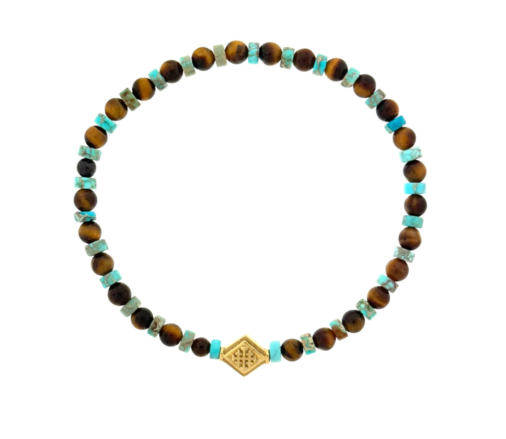 LUIS MORAIS 14k yellow gold lozenge with cross symbol on a Turquoise and Tiger's Eye beaded bracelet.
