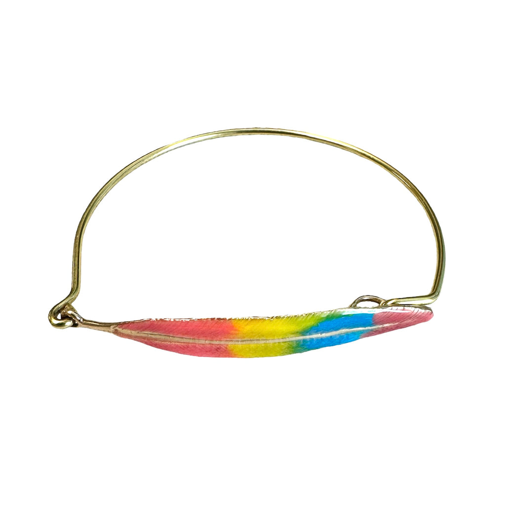 LUIS MORAIS 10k yellow gold bracelet cuff featuring a multicolor enameled feather. 