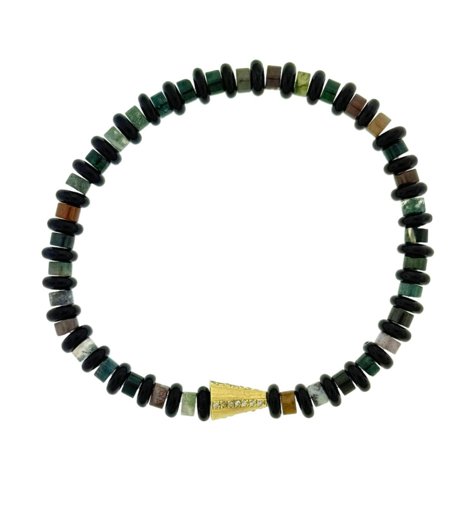 LUIS MORAIS 14k yellow gold arrow cone with four rows of white diamonds on an Onyx and Agate beaded bracelet.