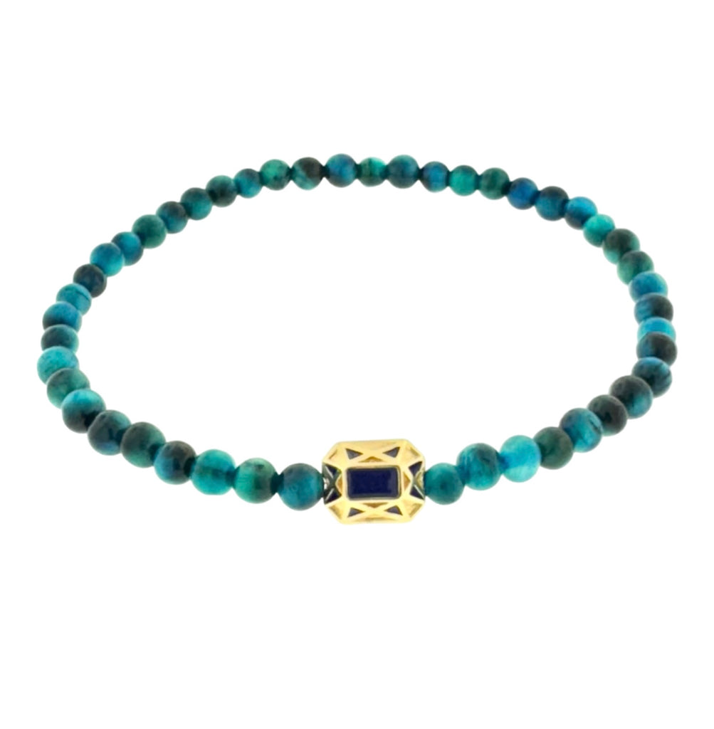 LUIS MORAIS 14k yellow gold faceted bead on blue Tiger's Eye beaded bracelet.