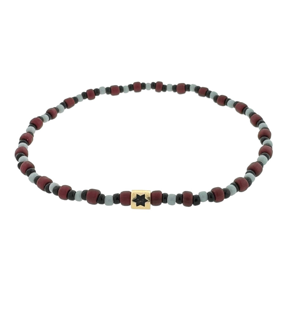 LUIS MORAIS 14K Yellow Gold Short Roll Bead with Enameled Star of David on a Glass Beaded Bracelet