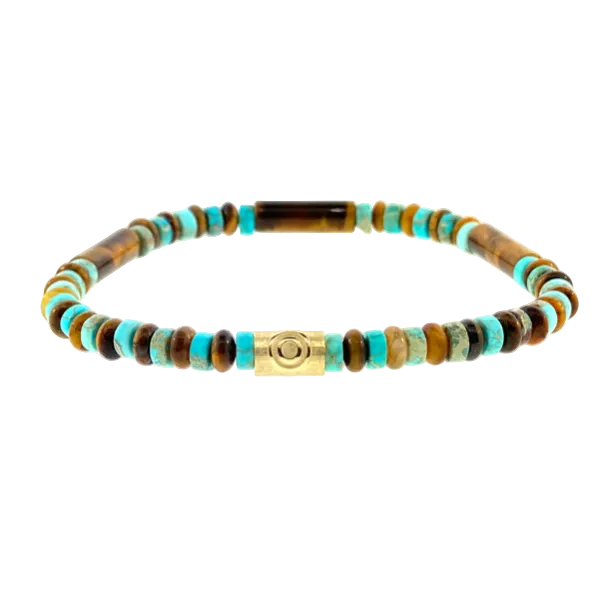 Bracelet with brown, blue, and gold beads on a white background
