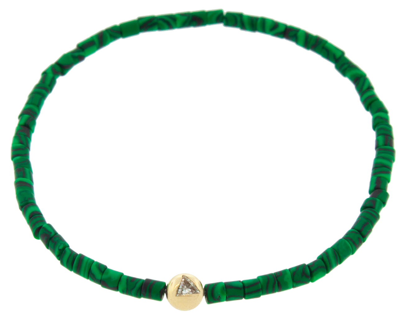LUIS MORAIS 14K yellow gold medium ball with a white diamond trillion on a Malachite gemstone tube beaded bracelet.