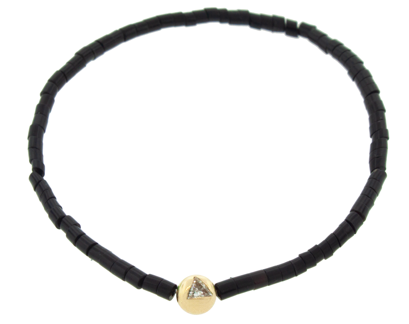 LUIS MORAIS 14K yellow gold medium ball with a white diamond trillion on a Onyx gemstone tube beaded bracelet.