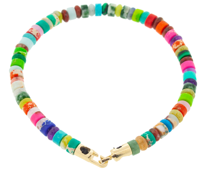 LUIS MORAIS multicolor gemstone beaded bracelet with a 14k yellow gold medium sized hook clasp closure.