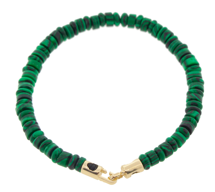 LUIS MORAIS Malachite gemstone beaded bracelet with a 14k yellow gold medium sized hook clasp closure.