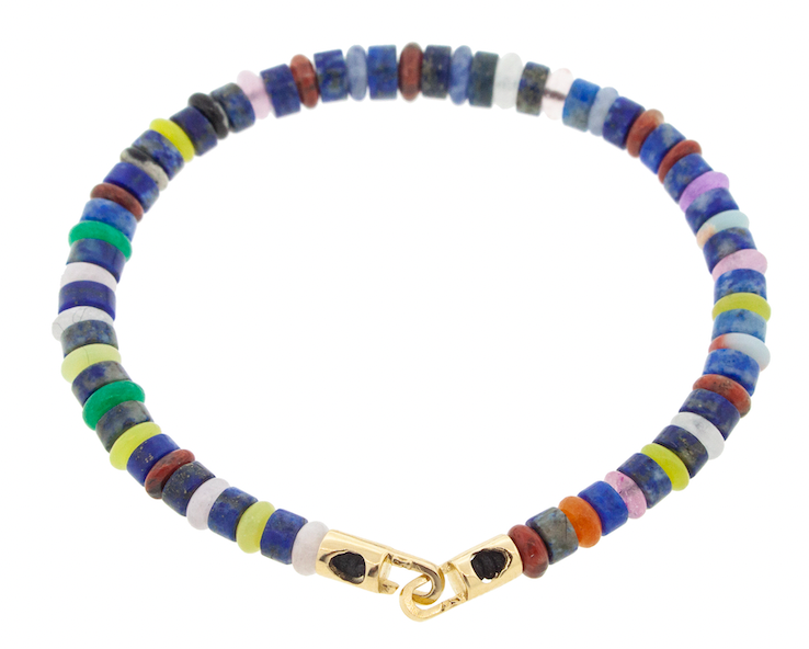 LUIS MORAIS Lapis multicolor gemstone beaded bracelet with a 14k yellow gold medium sized hook clasp closure.