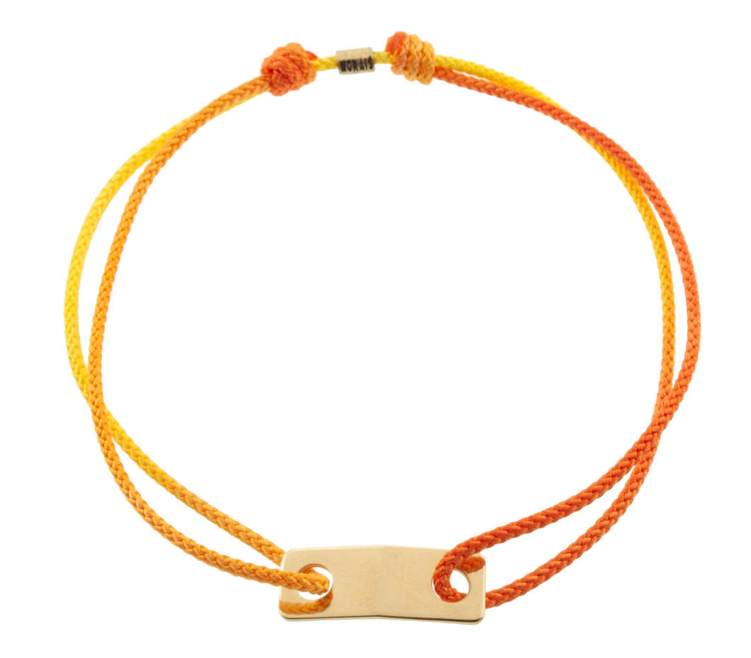 LUIS MORAIS 14k yellow gold small link ID plate on a cord an adjustable cord bracelet with gold logo spacer.
