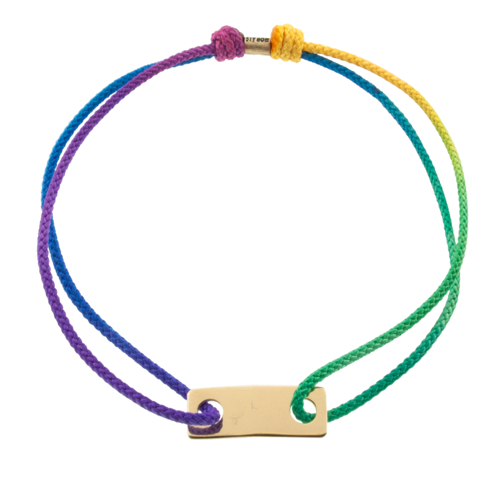 Petite plaque d'identification à maillons dorés sur bracelet cordon arc-en-ciel