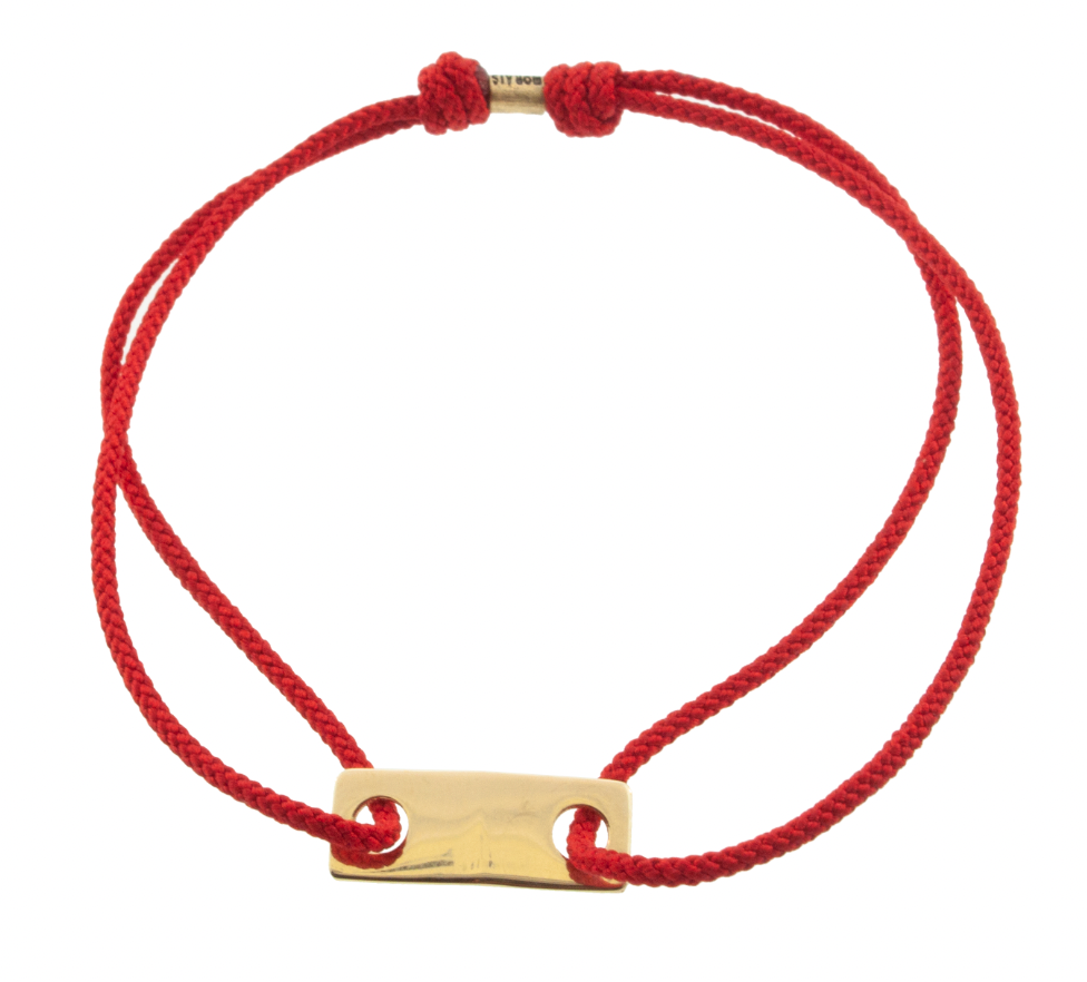 LUIS MORAIS 14k yellow gold small link ID plate on a cord an adjustable cord bracelet with gold logo spacer.