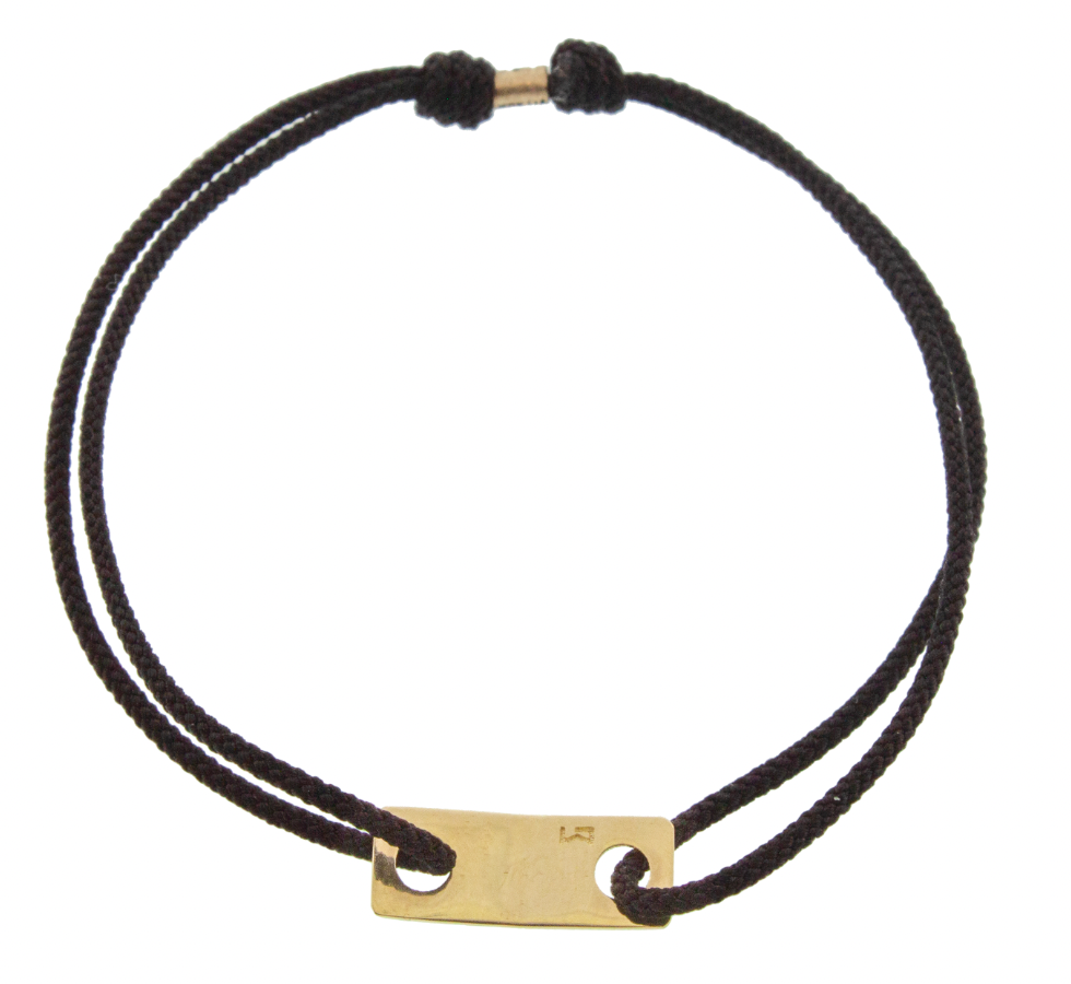 LUIS MORAIS 14k yellow gold small link ID plate on a cord an adjustable cord bracelet with gold logo spacer.