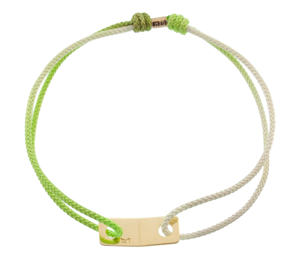 LUIS MORAIS 14k yellow gold small link ID plate on a cord an adjustable cord bracelet with gold logo spacer.