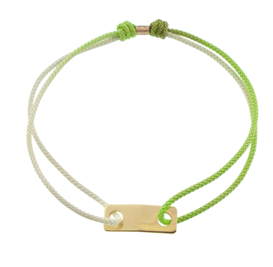 LUIS MORAIS 14k yellow gold small link ID plate on a cord an adjustable cord bracelet with gold logo spacer.
