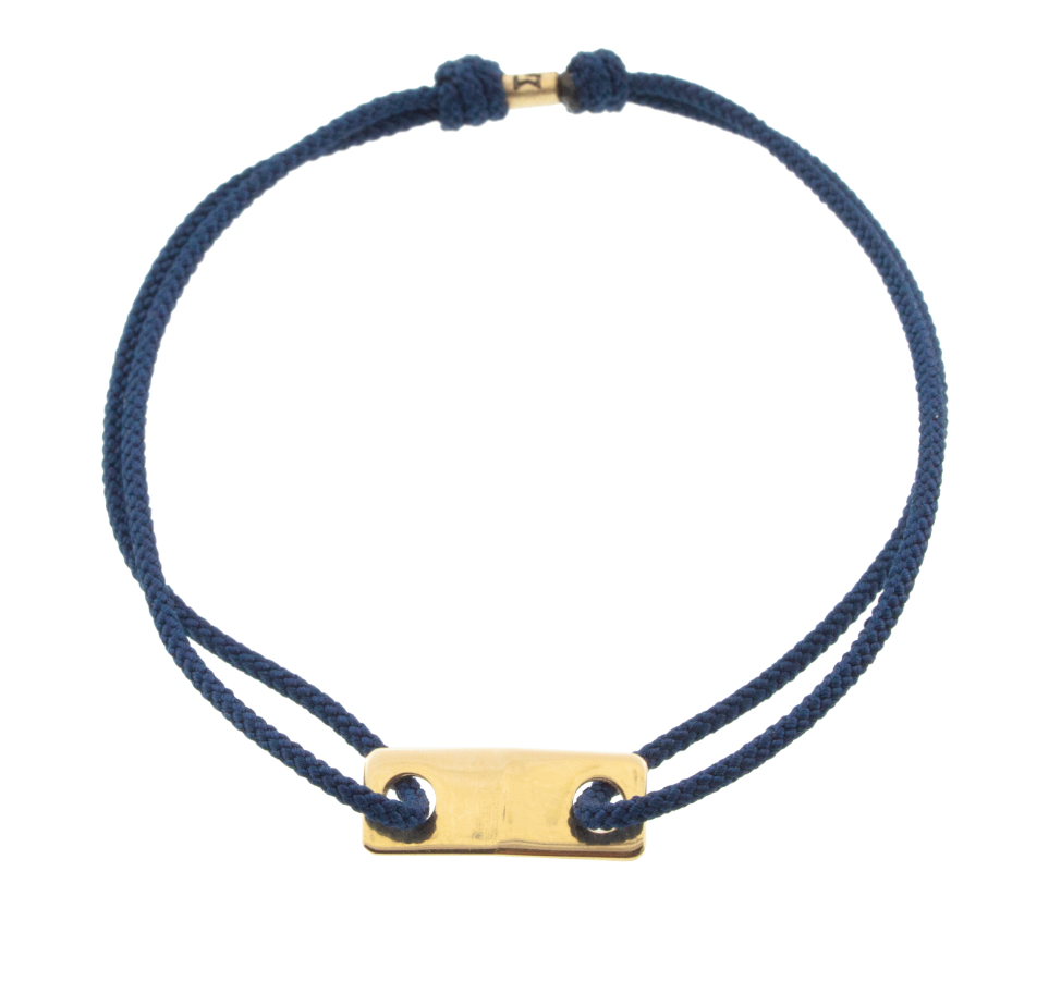 LUIS MORAIS 14k yellow gold small link ID plate on a cord an adjustable cord bracelet with gold logo spacer.