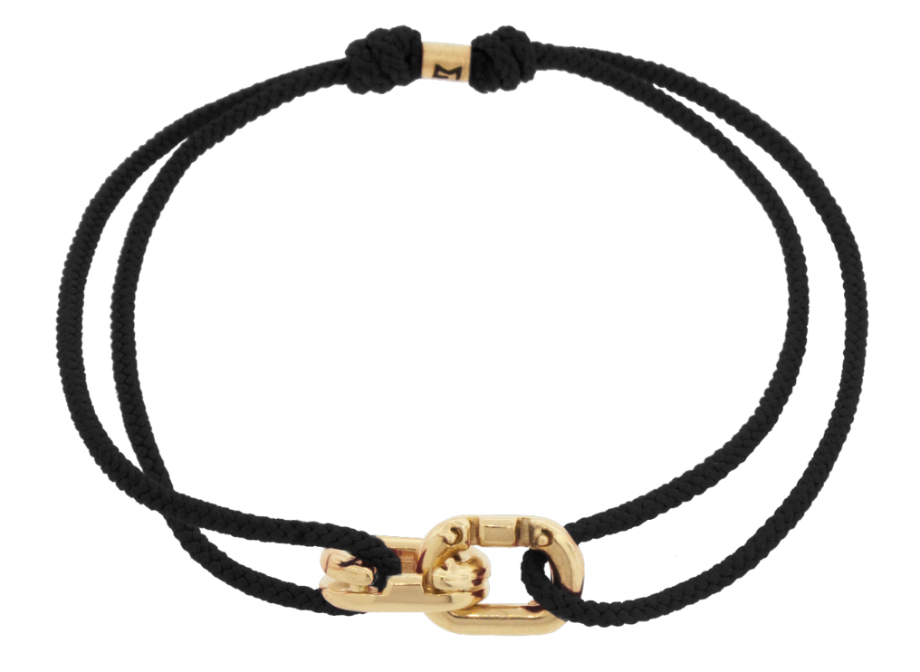 LUIS MORAIS 14k yellow gold small friendship links on an adjustable cord bracelet. Features a gold logo spacer.