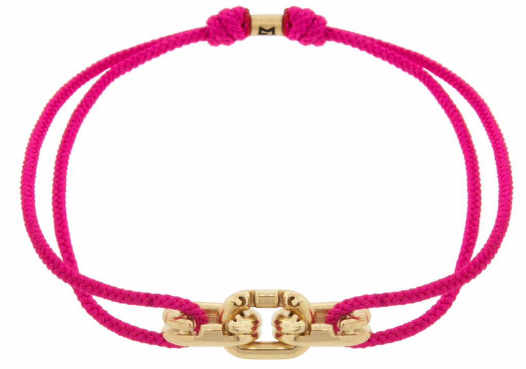 LUIS MORAIS 14k yellow gold small triple friendship links on an adjustable cord bracelet. Features a gold logo spacer.