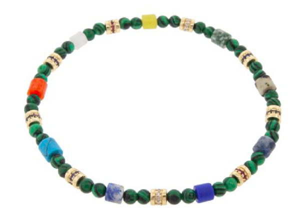 Nine 14K Yellow Gold Short Roll Beads with White Diamonds, Black Diamonds, Blue Sapphires and Rubies on a Malachite and Gemstone Beaded Bracelet.&nbsp;