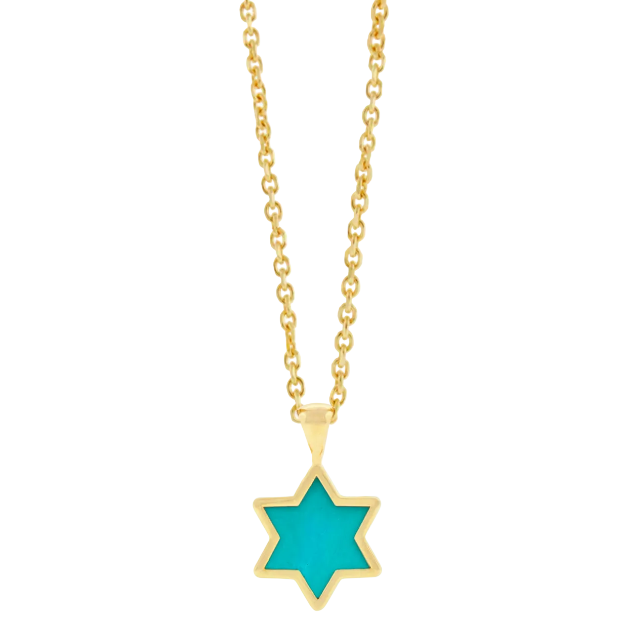 Gold necklace with a turquoise star pendant on a white background