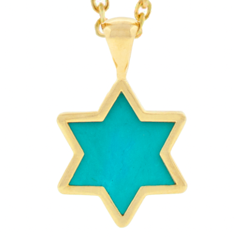 Gold necklace with a turquoise star pendant on a white background