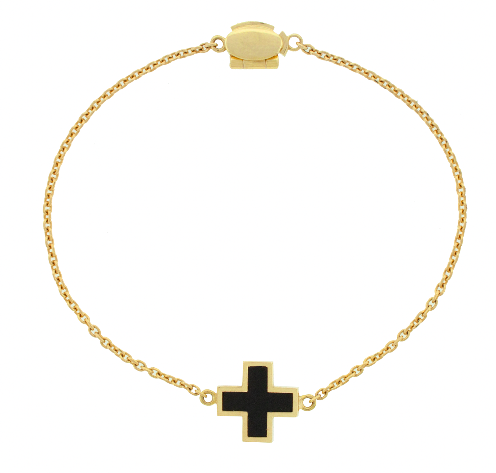 LUIS MORAIS 14k yellow gold cable chain bracelet with a gold framed cross and an engraved eye clamshell clasp closure. The cross is a symbol of faith, hope, and spiritual strength. Representing protection and divine guidance, it serves as a timeless emblem of love, sacrifice, and connection to something greater.