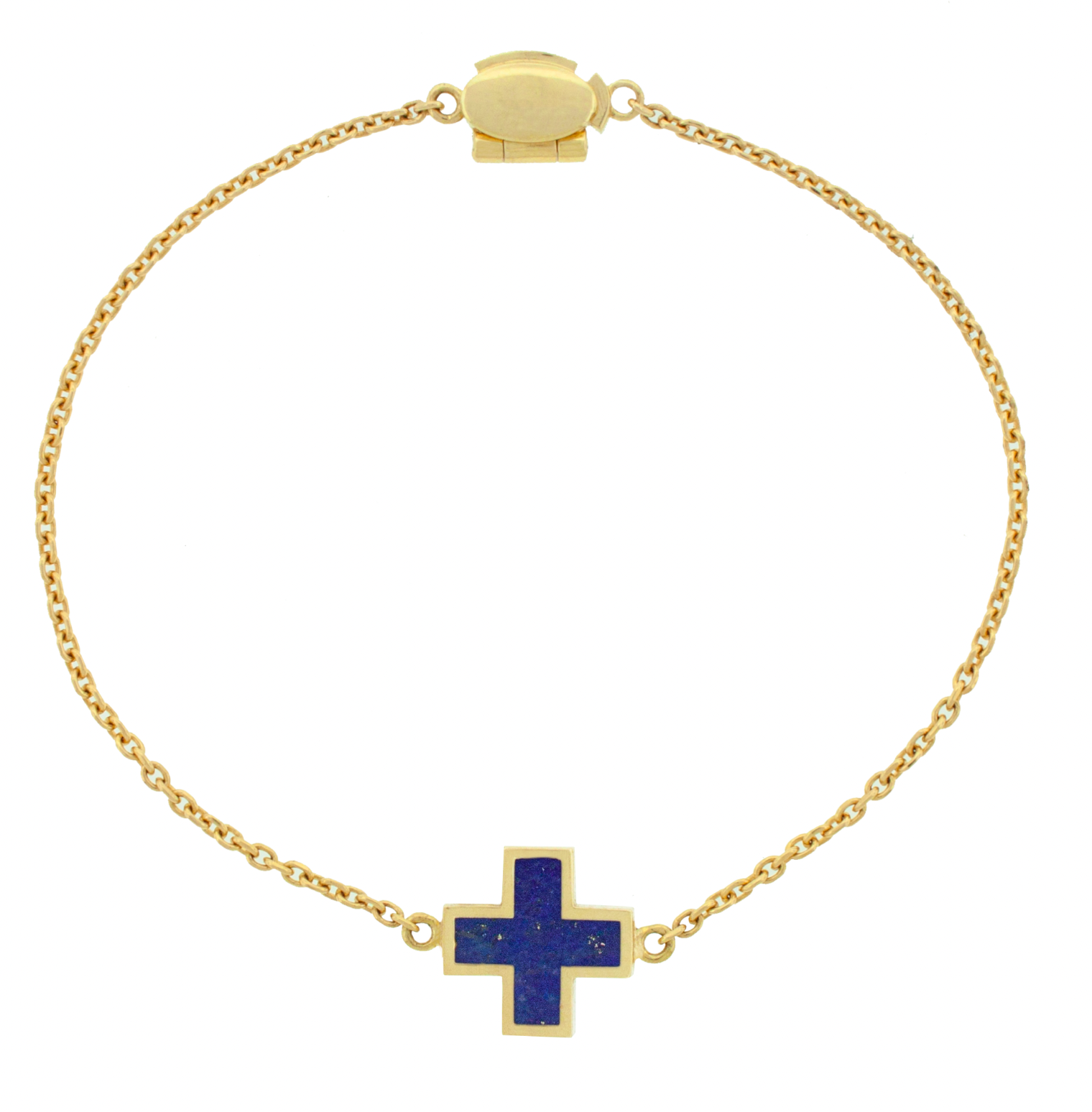 LUIS MORAIS 14k yellow gold cable chain bracelet with a gold framed cross and a clamshell clasp closure. The cross is a symbol of faith, hope, and spiritual strength. Representing protection and divine guidance, it serves as a timeless emblem of love, sacrifice, and connection to something greater.
