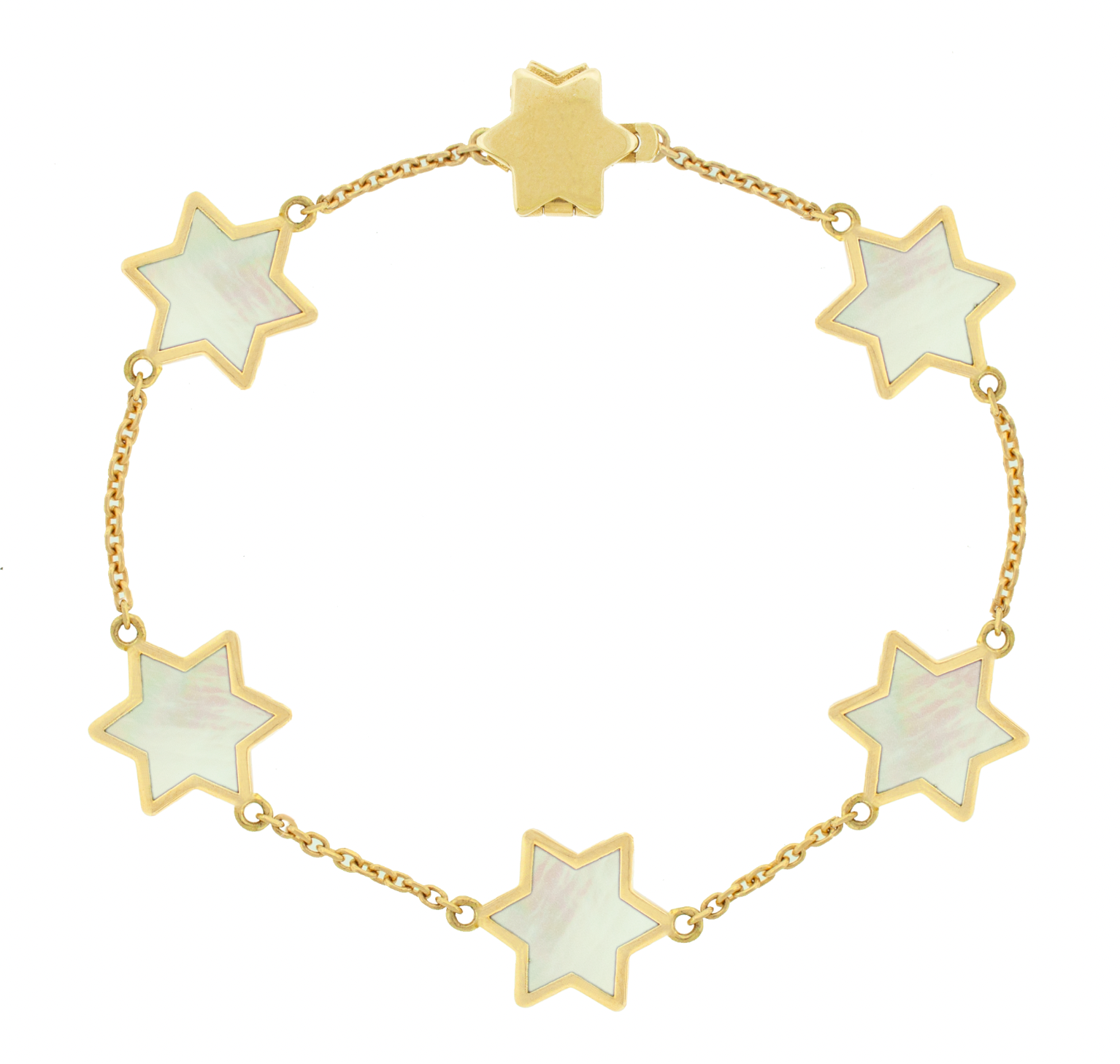 LUIS MORAIS 14k yellow gold cable chain bracelet with a gold framed mother-of-pearl stars and a clamshell clasp closure.