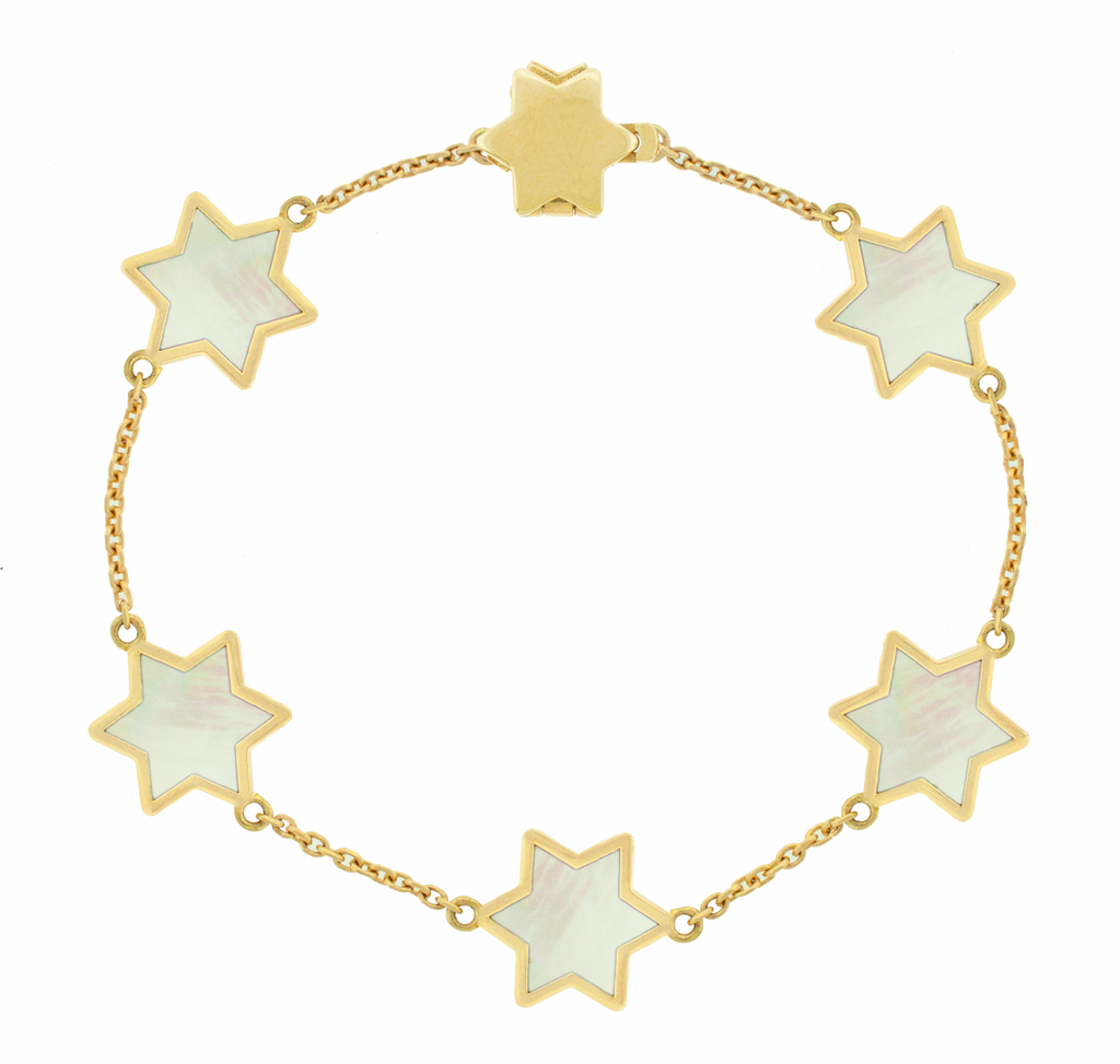 LUIS MORAIS 14k yellow gold cable chain bracelet with a gold framed mother-of-pearl stars and a clamshell clasp closure.