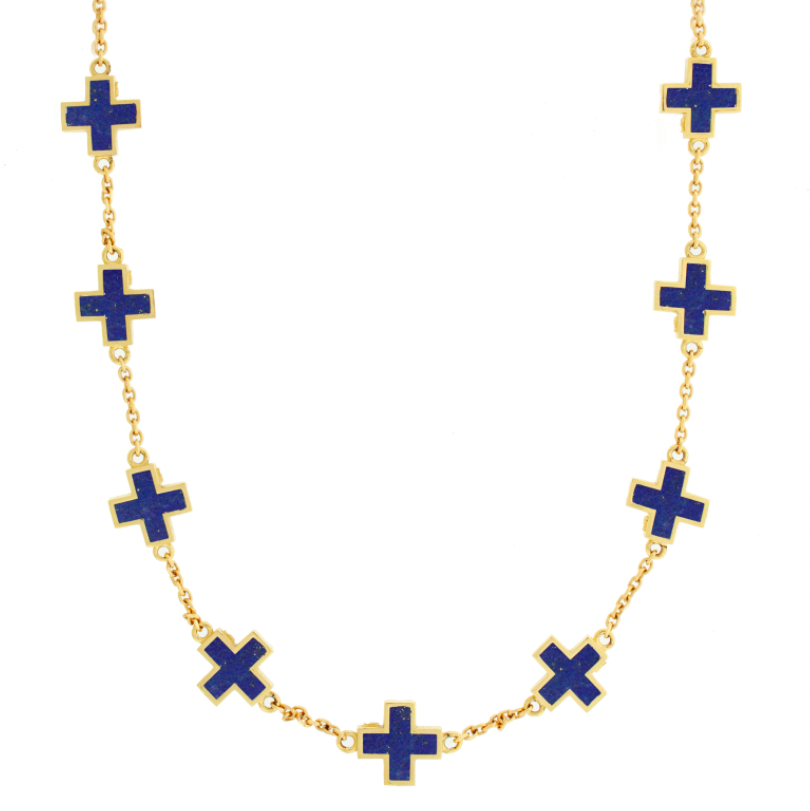 A 14k yellow gold cable chain necklace with gold framed crosses and a clamshell clasp closure featuring lapis gemstones.