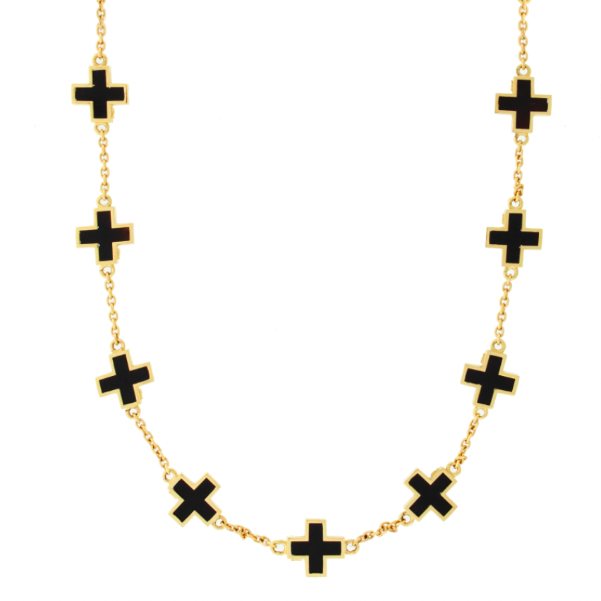 LUIS MORAIS 14k yellow gold cable chain necklace with a gold framed crosses and a clamshell clasp closure. The cross is a symbol of faith, hope, and spiritual strength. Representing protection and divine guidance, it serves as a timeless emblem of love, sacrifice, and connection to something greater.