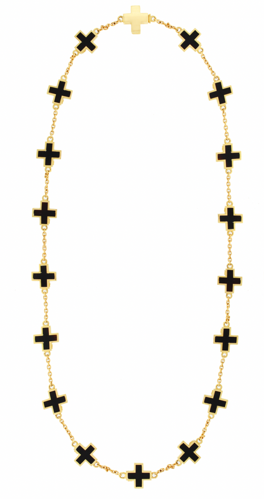 LUIS MORAIS 14k yellow gold cable chain necklace with a gold framed crosses and a clamshell clasp closure. The cross is a symbol of faith, hope, and spiritual strength. Representing protection and divine guidance, it serves as a timeless emblem of love, sacrifice, and connection to something greater.
