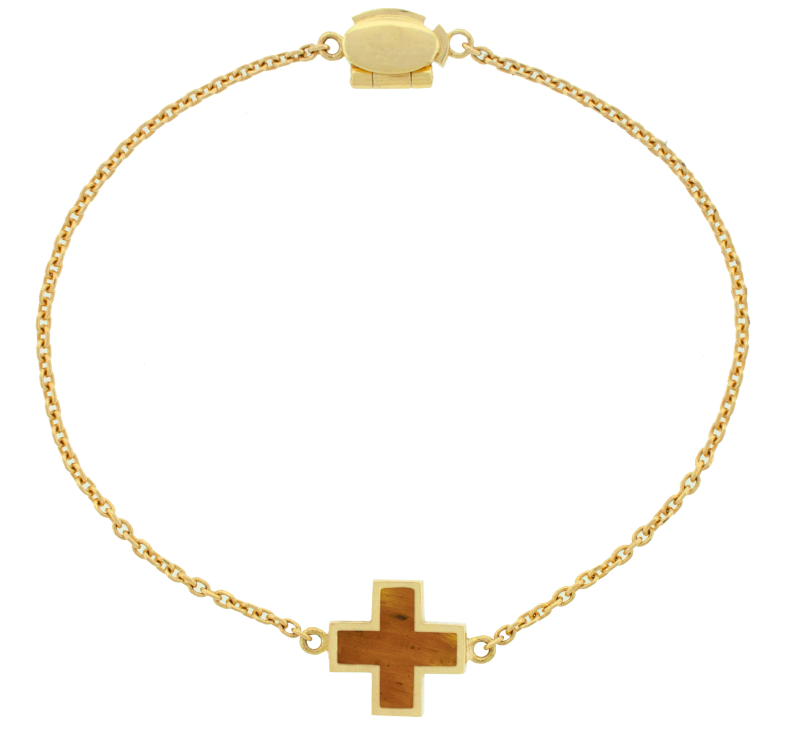 LUIS MORAIS 14k yellow gold cable chain bracelet with a gold framed cross and a clamshell clasp closure. The cross is a symbol of faith, hope, and spiritual strength. Representing protection and divine guidance, it serves as a timeless emblem of love, sacrifice, and connection to something greater.