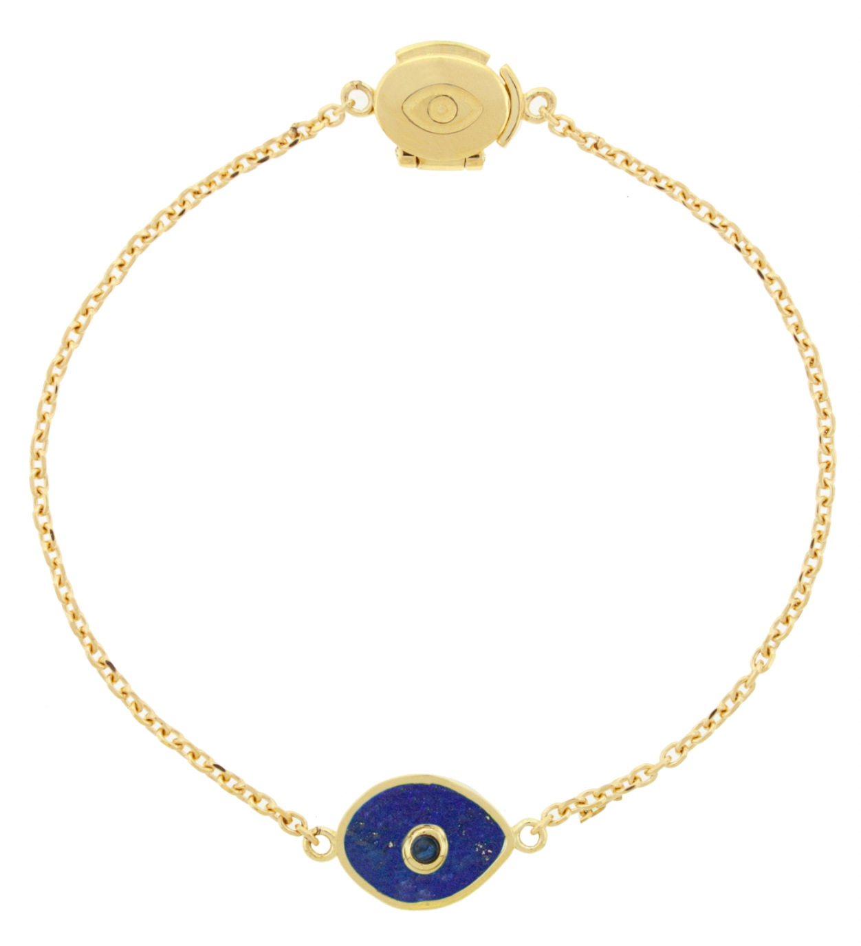 LUIS MORAIS 14k yellow gold cable chain bracelet with a gold framed gemstone eye and a sapphire cabochon center. Features an engraved eye clamshell clasp closure. The evil eye is a symbol of protection, believed to ward off negative energy and bring good fortune.