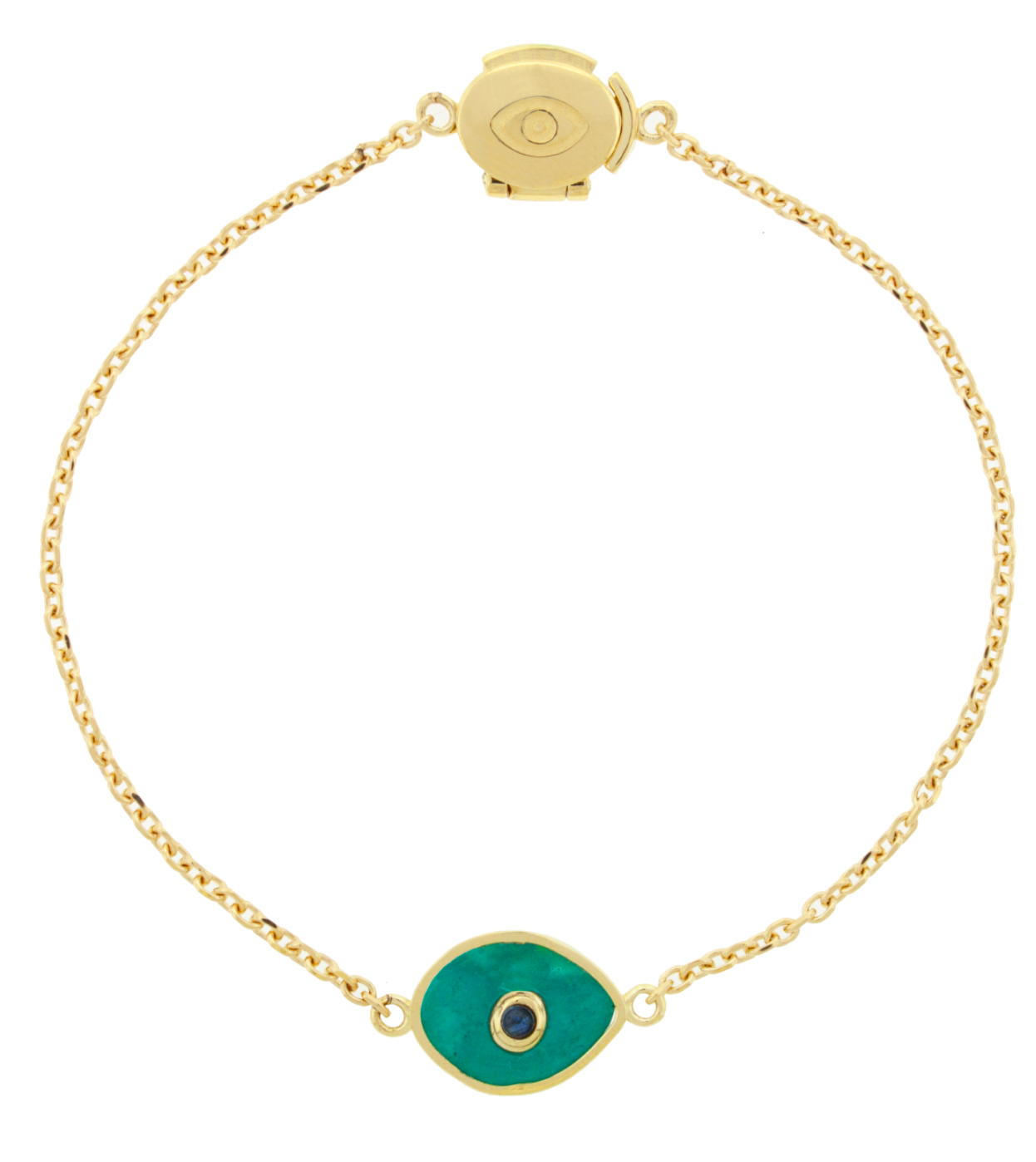 LUIS MORAIS 14k yellow gold cable chain bracelet with a gold framed gemstone eye with a &nbsp;sapphire stone center. Features a an engraved eye clamshell clasp closure.