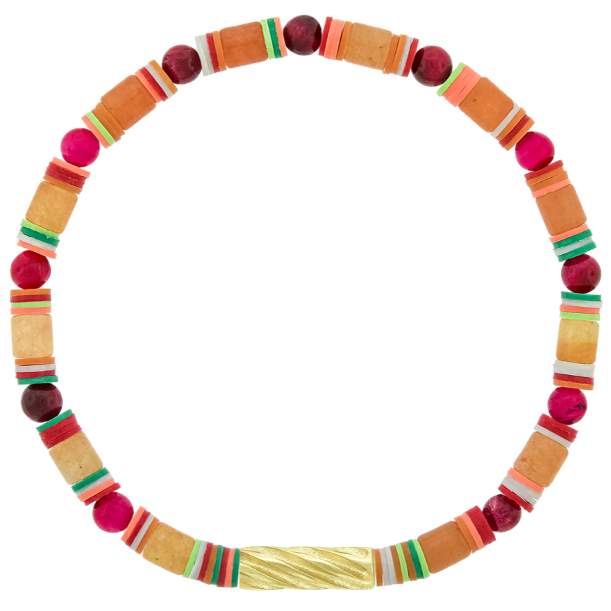 Extended drill bead on orange aventurine, red tiger eye and vinyl beaded bracelet